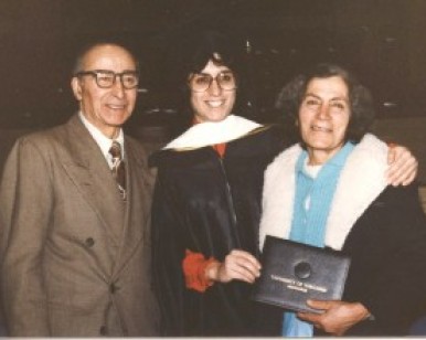 Martin, Brenda, and Arpy Avadian standing together at Brenda's university graduation.