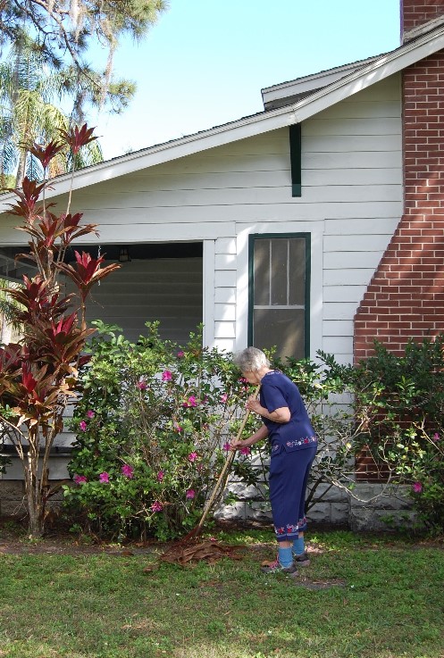Ginny who lives with dementia raking leaves in her yard to remain active