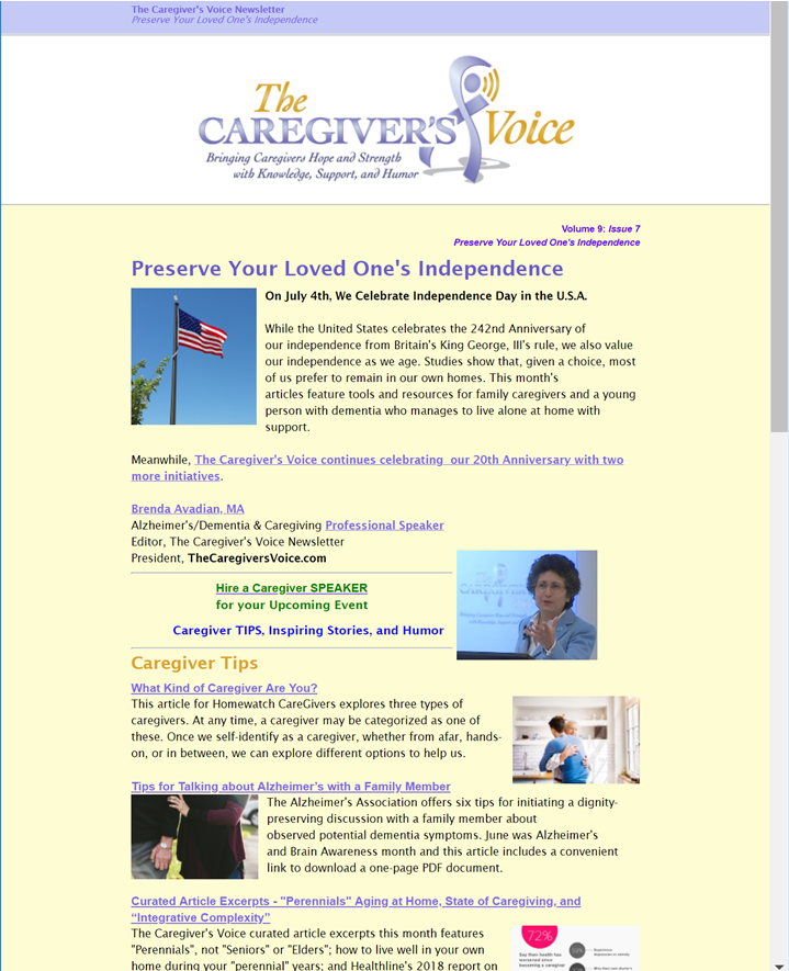 The Caregiver's Voice Newsletter July 2018 Click to Sign up