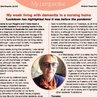 Click to view complete page of resident's experience living with Alzheimer's in a nursing home during pandemic- ADI Global Perspective July 2020