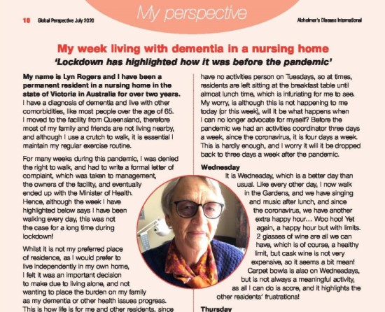 Click to view one-page PDF of resident's experience living with Alzheimer's in a nursing home during pandemic- ADI Global Perspective July 2020