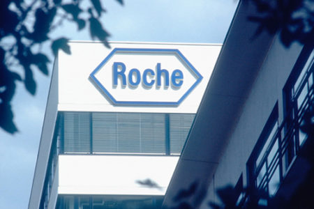 Roche label on building in Basel Switzerland
