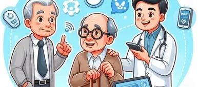 SimpliTend mobile app cartoon image of doctor, laptop, elder, and caregiver