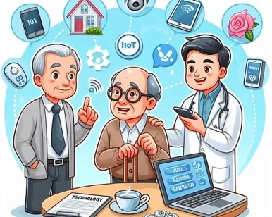 SimpliTend mobile app cartoon image of doctor, laptop, elder, and caregiver