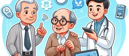 SimpliTend mobile app cartoon image of doctor, laptop, elder, and caregiver