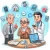 SimpliTend mobile app cartoon image of doctor, laptop, elder, and caregiver