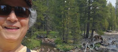 Brenda Avadian solo hiking in Yosemite at Tuolumne Meadows