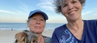Carol-Lindsay-and-sister-Marjorie-holding-dog-at-Carolina-beach-2024