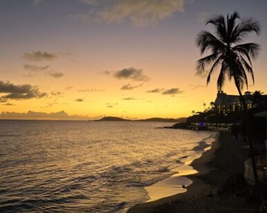St. Thomas in the Virgin Islands beach view with palm trees at sunset