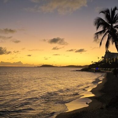 St. Thomas in the Virgin Islands beach view with palm trees at sunset
