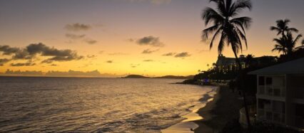 St. Thomas in the Virgin Islands beach view with palm trees at sunset